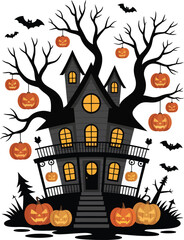 Spooky haunted house with glowing windows and pumpkins under a dark eerie halloween night sky