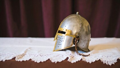 Antique metal helmet on lace tablecloth