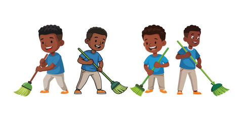 Cartoon kids are happily sweeping with the brooms.