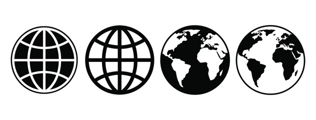 Four stylized oval representations of earth showing progression from abstract grid to detailed world map