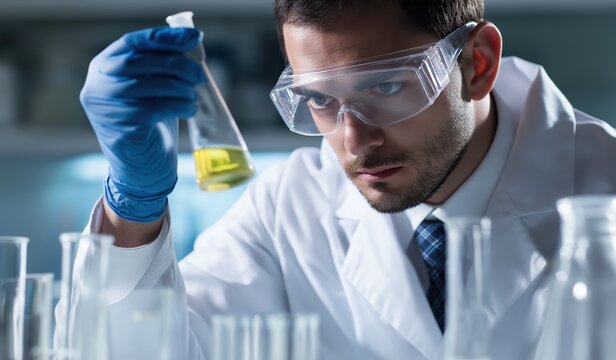 Scientist in white lab coat and goggles holding test tube with yellow liquid for chemical experiment in laboratory with beakers and flasks
