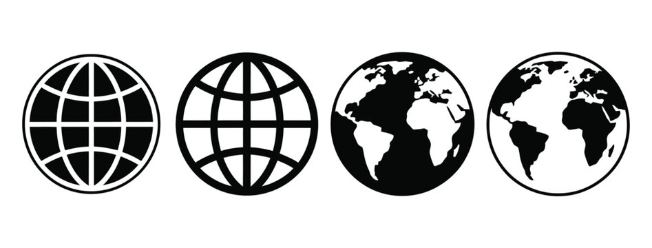 Four stylized oval representations of earth showing progression from abstract grid to detailed world map