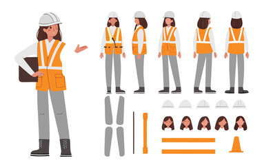 Woman construction engineer in helmet, vest, uniform. Character constructor for animation. Front, side and back view set. Body parts, postures, poses collection. Vector illustration.