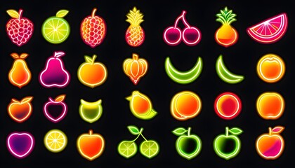 Neon-style fruit icons, various types, vibrant colors, against a black background.
