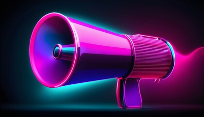 A vibrant, neon-lit megaphone with a sleek design, radiating sound waves.