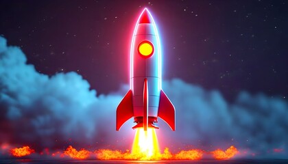 Cartoon rocket launching into a starry night sky with bright flames and smoky clouds.