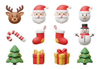 Christmas 3D Icons set Festive Characters & Objects Transparent Background