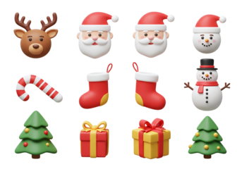 Christmas 3D Icons set Festive Characters & Objects Transparent Background