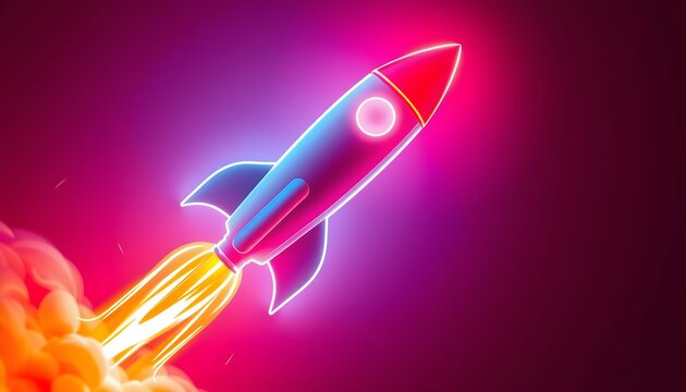 A vibrant neon rocket ship blasts off, leaving a fiery trail against a dark pink background.