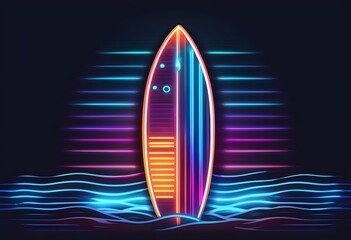 Neon surfboard glowing vibrantly, resting in stylized ocean waves, retro-futuristic design.
