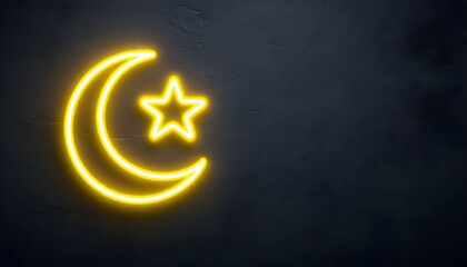 A glowing neon crescent moon and star symbol against a dark textured background.