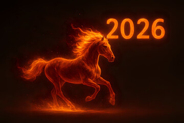 Fiery horse galloping with blazing mane, symbolizing 2026 Year of the Fire Horse, glowing with festive warmth, sparks and light, evoking Christmas magic, renewal, hope and celebration of the New Year