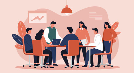 Business team collaborating in a modern office meeting, discussing strategy and ideas. Ideal for concepts of teamwork, innovation, and professional development.