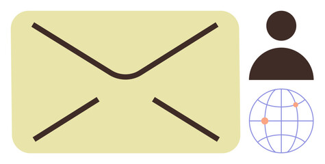 Envelope, user silhouette, and globe with marked locations representing email, global communication, and user connectivity. Ideal for communication, networking, online interaction, identity