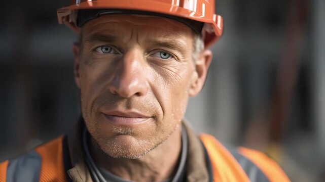Confident Constructor: A construction worker with intense gaze, his hard hat and vest framing a face that speaks of strength, experience, and dedication.