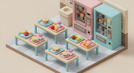Isometric Cartoon Cafeteria Scene with Vending Machines and Food Trays