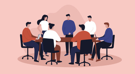 Professional team members actively engage in a collaborative business meeting, fostering teamwork and strategic discussion in a modern office.