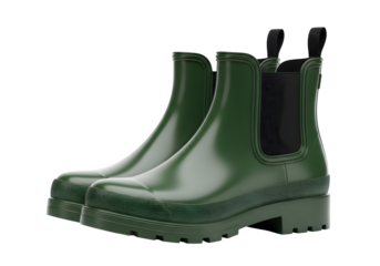 A pair of green rubber rain boots isolated on transparent background, perfect for keeping feet dry and stylish during wet weather conditions and outdoor activities