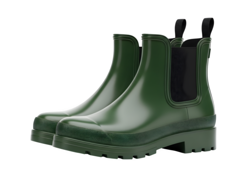 A pair of green rubber rain boots isolated on transparent background, perfect for keeping feet dry and stylish during wet weather conditions and outdoor activities