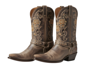 A pair of brown leather cowboy boots isolated on transparent background, showcasing intricate embroidery and a classic western style for a rugged look
