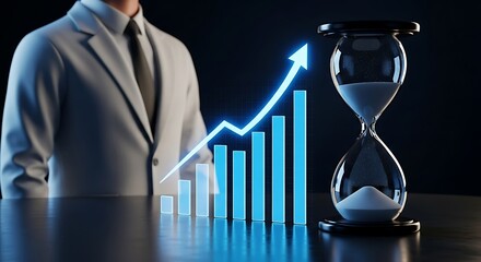 Businessman with Hourglass and Growing Bar Chart: Time Management and Financial Growth Concept