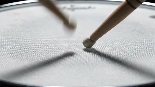 Close up of drumsticks hitting a drum head.