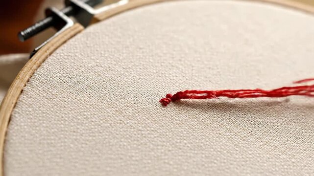 Close up of hand embroidering with red thread on white fabric.