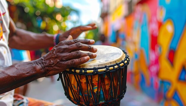Close up on hands drumming on a tambor.