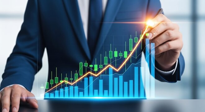 Business Professional in Blue Suit Illustrating Financial Growth with Animated Charts and Glowing Arrow