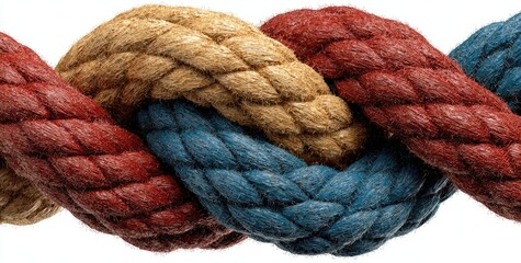 Close-up of three intertwined ropes in tan, red, and blue