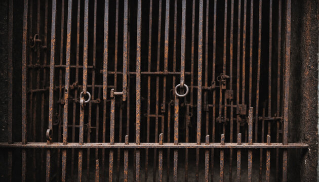 rusty, old, and abandoned prison gate with shackles - Powered by Adobe