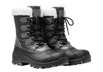 Pair of black winter boots isolated on transparent background, providing warmth and protection for snowy and icy conditions, suitable for outdoor activities