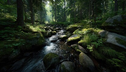 Obraz premium Sunlit creek flowing through mossy forest