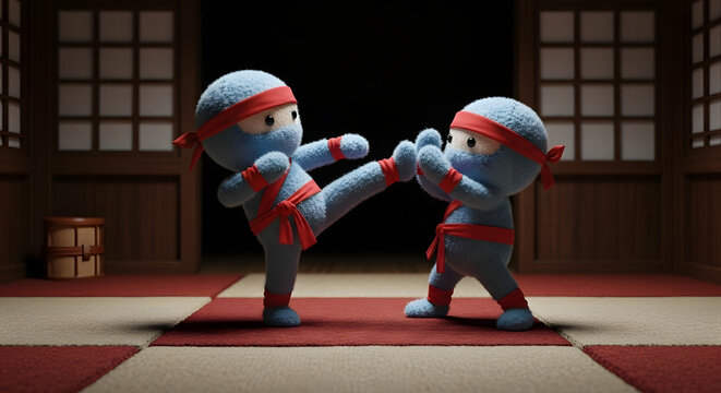 Cute Blue Ninja Plushies Sparring in a Dojo, Martial Arts Training - Powered by Adobe