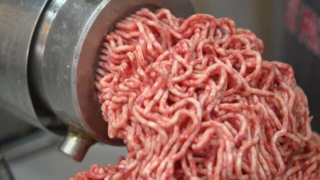 Fresh meat being ground in a food processing machine