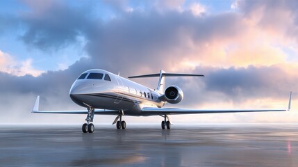 Obraz premium A sleek jet airplane stands on a runway, reflecting the colors of a vibrant sunset with dramatic clouds in the background.