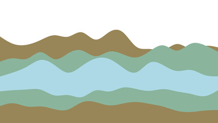 Minimalist layered landscape with tranquil hills, green valleys, and blue river. Ideal for nature, environment, or travel concepts and backgrounds.