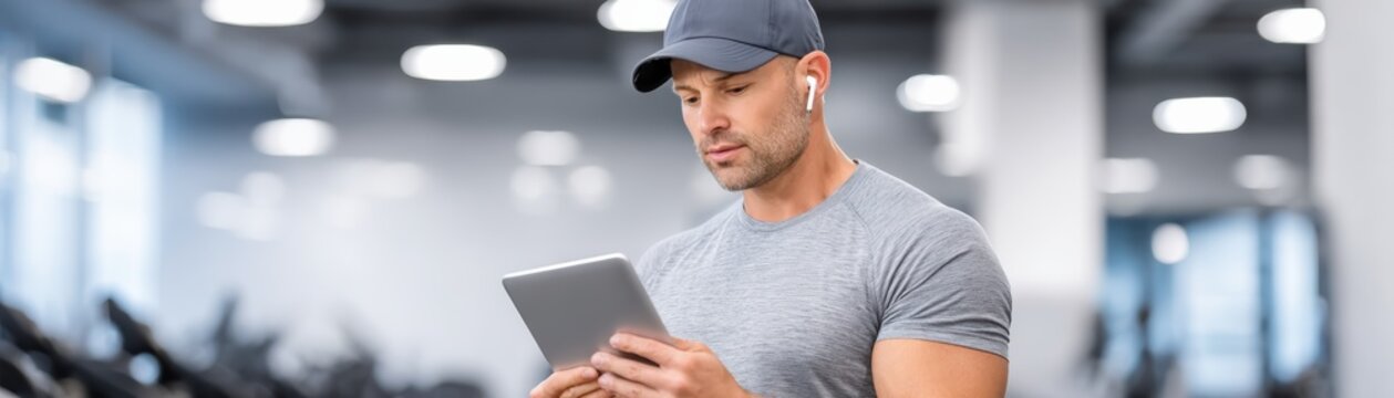 A man wearing a cap and earphones checks his tablet in a gym, surrounded by equipment and bright lighting.