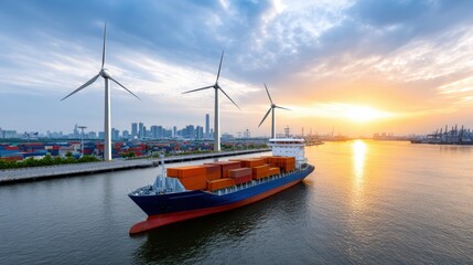 A cargo ship navigates a river at sunset, surrounded by wind turbines and a city skyline, showcasing a blend of industry and renewable energy.