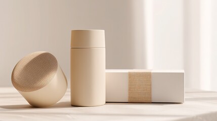 Light Beige Thermos, White Box with Linen Decor and Circular Object with Linen Top on Light Background