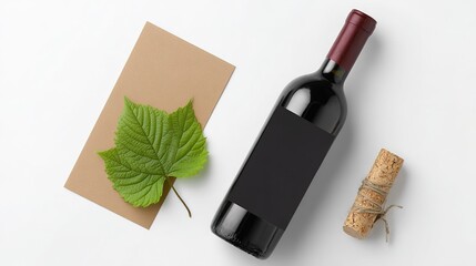 Black wine bottle with black textured label lying flat on green leaves and brown plant branches background, presenting a natural and high - end feeling.
