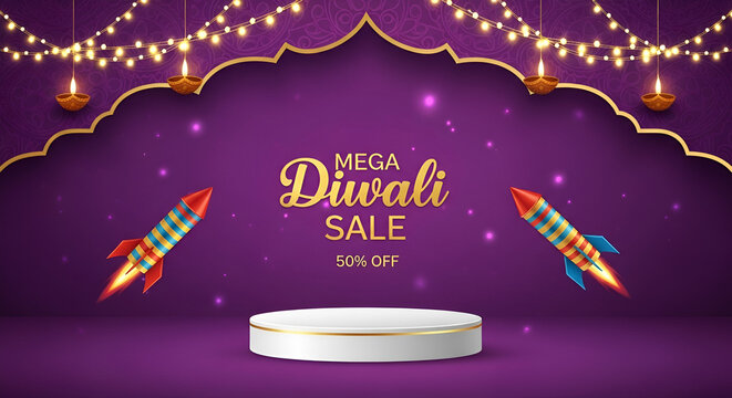 Diwali sale banner template with podium and diwali elements