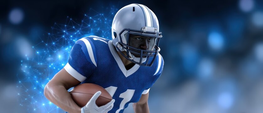 A dynamic image of a football player in a blue jersey, poised to run with a football, set against a futuristic, digital background.