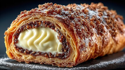 Delicious puff pastry with creamy filling, powdered sugar and brown crisp on top, looking tempting.