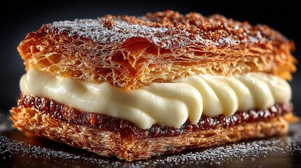 Delicious puff pastry with creamy filling, powdered sugar and brown crisp on top, looking tempting.