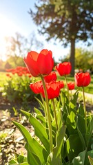 Red tulips in sunlight