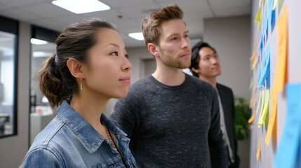 A group of professionals engages in a collaborative brainstorming session, analyzing colorful sticky notes on a wall in a modern office environment.