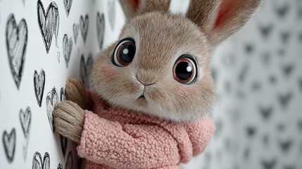 Cute Cartoon Rabbit in Pink Clothes with Big Eyes Leaning on White Wall with Black Heart Patterns