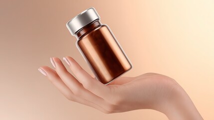 A hand holds a small brown medicine bottle with a silver cap, and the background is a soft warm tone, giving a delicate and professional feeling, possibly related to health care or medicine.