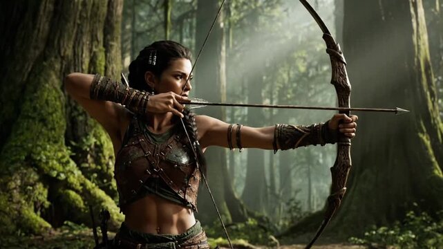 female archer aiming bow deep forest
